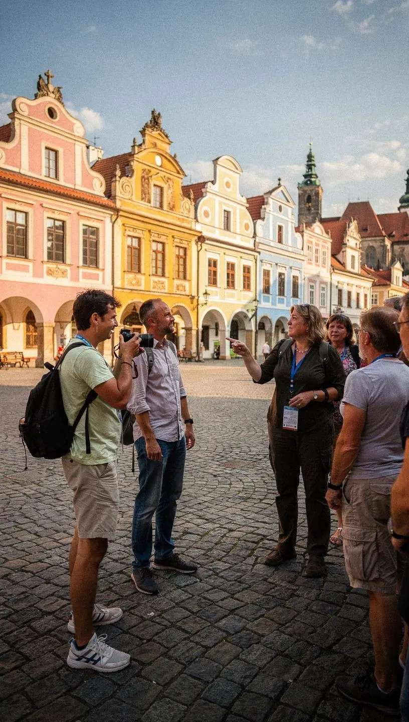 Malebná ulice v Českém Krumlově s barevnými domy a květinami na oknech.