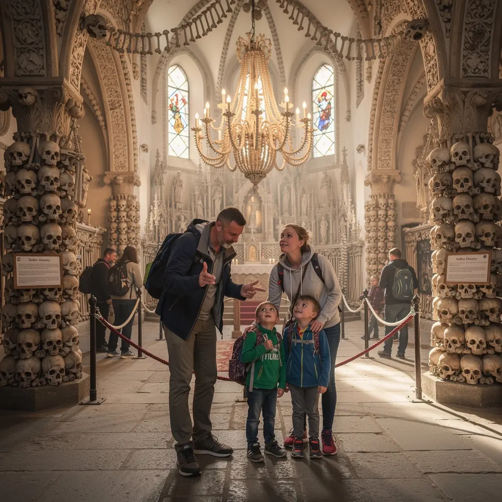 Skupina cestovatelů obdivuje architekturu katedrály svatého Víta v Praze.