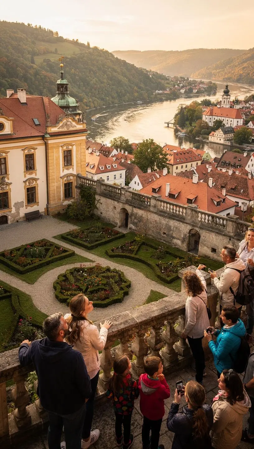 Rodina si užívá piknik v parku v Plzni s historickými budovami v pozadí.